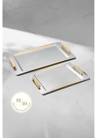 Resim Nehir Sırma Altın 2 Li Paslanmaz Çelik Tepsi Çay Kahve Tepsisi - Servis Tepsisi 