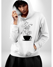 Resim Kahve Müzik Nota Kadın Erkek Beyaz Kapüşonlu Sweatshirt Hoodie Beyaz 