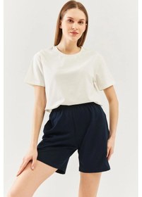 Resim Rahat %100 Pamuklu Penye Beli Lastikli Bel Cepli Kısa Trendy Kadın Şort Lacivert 