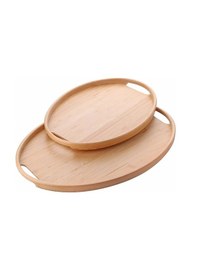 Resim Bambu Tepsi Seti, İkil Çay Kahve Sunum Tepsi - Elips Tepsi - 2 Parça, 36x26 & 31x45 Cm Açık Bej 
