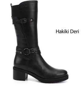 Resim GÖNDERİ(R) Kadın / Kız Siyah Fermuarlı Kalın Topuklu Hakiki Deri Çizme 