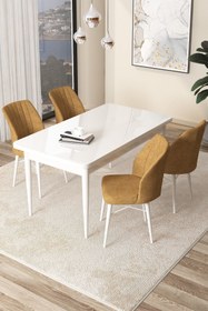 Resim Canisa Arp Serisi, Beyaz Masa 71x110 Sabit Yemek Odası Takımı, 4 Cappucino Sandalye 