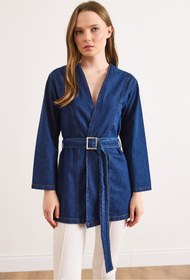 Resim Olalook Kadın Koyu Mavi Kuşaklı Mevsimlik Denim Ceket CKT-19000515 