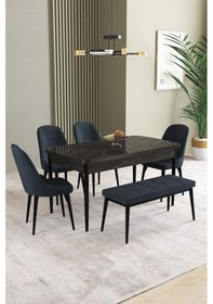 Resim Ikon Siyah Mermer Desen 80x132 Mdf Açılabilir Yemek Masası Takımı 4 Sandalye, 1 Bench Antrasit 