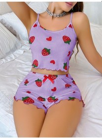 Resim Kadın Mor Çilek Desenli Şortlu Pijama Takımı 5061 Mor 