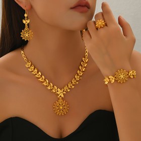 Resim Kadınlar İçin 5 Parça Vintage Lüks Gelin Ayçiçeği Takı Seti - Kolye, Küpe, Bileklik, Yüzük ve Taç Benzeri Başlık Dahil Tam Düğün ve Parti Kiti (Yıl Boyu Kullanım, Orta Doğu/Dubai Esintili) - Lüks 