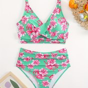 Resim Sevimli Tatlı Pembe Çiçek Desenli İki Parçalı Çapraz Askılı Büzgülü Bikini Takımı Kadınlar İçin 