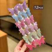 Resim 12 adet Renkli Glitter Kelebek Saç Tokaları - Günlük Klasik Giyim için Tatlı Sevimli Stil, Parlayan Mor, Mavi, Pembe, Yeşil ve Beyaz Kelebekler ile Tüm Mevsim Aksesuarları, Kelebek Saç Tokaları 