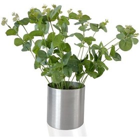 Resim Yapay Çiçek Okaliptus Gümüş Metal Saksılı Dekoratif Süs Çiçeği 