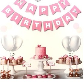 Resim Beysüs Pembe Üstüne Gümüş Gri Yaldızlı Happy Birthday Yazılı Doğum Günü Partisi Karton Ipli Yazı Banner 