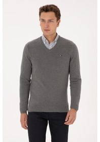 Resim U.S. Polo Assn. Erkek Slim Fit V Yaka Gri Melanj Basic Kazak 50313668-VR086 