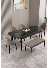 Resim Milas Siyah Mermer Desen 80x132 Açılabilir Mdf Masa Yemek Odası Takımı,mutfak Takımı 4 Sandalye, 1 B Cappuccino 