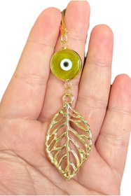 Resim biuti Yeşil El Yapımı Cam Nazar Detaylı Metal Yaprak Araba Dikiz Ayna Süsü, Altın Renkli Araba Hediyesi 