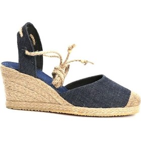 Resim Gerçek Elişi Topuğu Açık Bilekten Bağlamalı Bej Dolgu Topuk Keten Hasır Espadril Handmade Mavi 