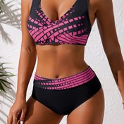 Resim Köşeli Desenli, Ayarlanabilir Askılı ve Esnek Eklemeli Üçgen Alt Bikini Takımı - Günlük ve Tatil Stili İçin Sınır Ötesi Moda 