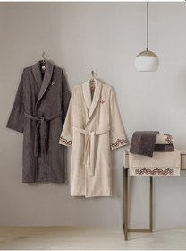 Resim Cotton Box Puff Nakışlı Aile Bornoz Seti Molende Bej-antrasit Antrasit Bej 