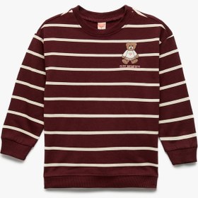 Resim Kız Bebek Şardonlu Ayıcık Baskılı Uzun Kollu Bisiklet Yaka Çizgili Sweatshirt 