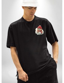 Resim Kış Kırmızı Atkı Bere Baykuş Siyah Oversize Unisex Ön Sol Yan Minimal Baskılı Tişört Koyu Siyah 