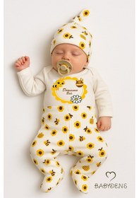 Resim Babyden's Dayısının Balı Yazılı 3 Lü Takım Uzun Kollu Body, Patikli Alt Ve Şapka ,arılı Çiçek Desenli Bebek Takımı Ekru 