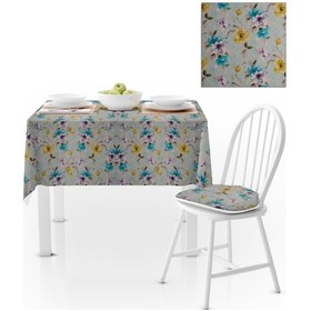 Resim Çiçek Desenli Hardal Mavi Dijital Baskılı Süet Dokuma Masa Örtüsü 120x140 