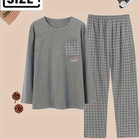 Resim Erkekler İçin Yuvarlak Yaka Tasarımlı, Polyester ve Spandex Karışımı, Örme Kumaş, Tüm Mevsimlerde Rahat Giyim için Temel Stil Pijama Takımı - Büyük Beden 