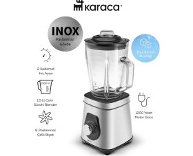 Resim Karaca Inox Paslanmaz Gövde Smoothie BLENDER,1200W 1,5 Litre Cam Hazne Yüksek Gücü ile Yüksek Karıştırma ve Parçalama Performansı Sunar 