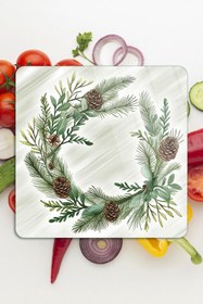 Resim Decovetro Cam Kesme Tahtası ve Sunumluk Kare Noel Yılbaşı Çelenk Desenli 30 x 30 cm 