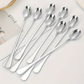 Resim 8 Adet Şık Paslanmaz Çelik Uzun Saplı Kaşık - Buzlu Çay, Kahve & Tatlı İçin Mükemmel - Bulaşık Makinesinde Yıkanabilir & Günlük Kullanım, Eğlence, Sofra Takımı Ekleme İçin İdeal 