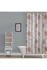 Resim Tropikhome Kahverengi Şal Desen Duş Perdesi-12 Adet C Halka Hediye Banyo Perdesi, Geometrik Desen Küvet Perdesi 