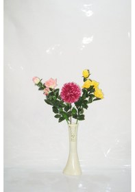 Resim 40 Cm Krem Rengi İşlemeli Vazo ve Çiçekler 