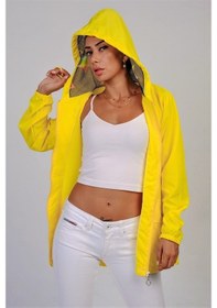 Resim Keyifli Moda Kadın Sarı Yıldız Kapüşonlu Cepli İnce Yağmurluk 