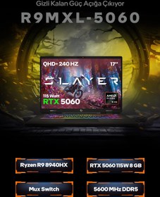 Resim Game Garaj Slayer R9M-XL-5060-C8 R9-8940HX 16 GB 500 GB SSD RTX5060 17" Free Dos Dizüstü Bilgisayar 