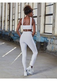 Resim Lismina Beli Çapraz Tasarımlı Toparlayıcı Spor Tayt Beyaz 