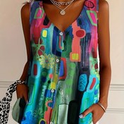 Resim Büyük Beden - Büyük Beden Renk Bloklu Graffiti Baskılı Kolsuz Bluz V-Yaka ve Düğme Önü ile - Hafif Polyester Rahat Tatil Üstü Kadınlar için, Bahar Yaz Sonbahar Gezileri, Tatil Giyimleri | V-yaka Bluz | Canlı Baskılı Üst, Bayanlar Bluzları 