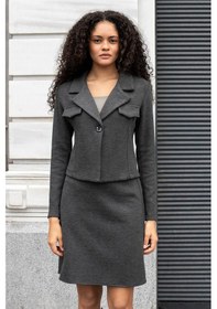Resim Kadın Kalın Esnek Kumaş Yakalı Cep Kapaklı Uzun Kol Kısa Blazer Ceket-antrasit Antrasit 