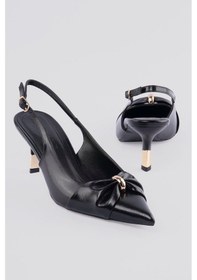 Resim Kadın Stiletto Sivri Burun Fiyonk Ve Gold Halka Detaylı Arkası Açık Topuklu Ayakkabı Calyra Siyah Siyah 