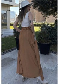 Resim WeShaya Kadın Taba Beli Lastikli, Cepleri Hasır İşlemeli, Rahat Kesim, Uzun Kiloş Etek Taba 