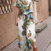 Resim Kısa Kollu ve Uzun Pantolonlu, Yan Cebi Olan Basit İş Tarzı Moda Seti ile Bitkisel Desenli İmitasyon İpek Dokusu 