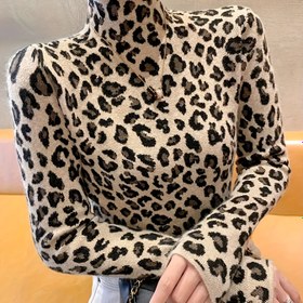 Resim Kadınlar İçin Leopar Desenli Kazak - Yüksek Yaka Uzun Kollu Yeşil ve Siyah Hayvan Deseni, Orta Esneklikte Makinede Yıkanabilir Sonbahar/Kış Şık Günlük Üstler, Zarif Stil, Rahat Kesim, Mevsimsel Giyim, Esnek Kumaş, Moda Kadın 