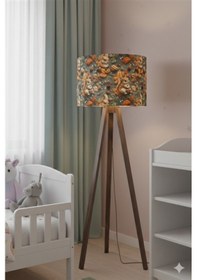 Resim Sonbahar Sincap Desenli Masif Çam Ayaklı Kumaş Tripod Lambader Çok Renkli 