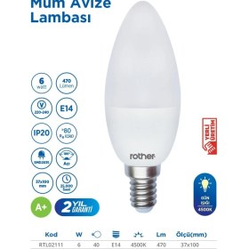 Resim ROTHER RTL02111-10 Rother LED Mum Avize Ampul 6WE14 470Lümen 4000K Gün Işığı Enerji Tasarruflu Ampul 10Adet 