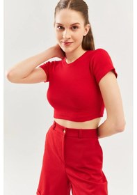 Resim Butikgiz Kadın Kısa Kol Bisiklet Yaka Vücuda Oturan %100 Pamuklu Kaşkorse Esnek Crop Bluz Kırmızı 