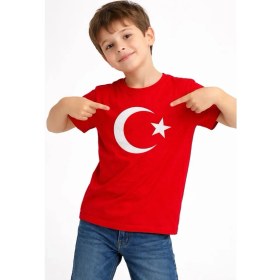Resim Beruflic Erkek Çocuk Tişört Bisiklet Yaka Ay Yıldız Bayrak Baskılı T-Shirt - Kırmızı 