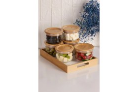 Resim Feyza Design Bambu Duo 300ML 6'lı Beyaz Tepsili Kapaklı Cam Kahvaltılık Seti 