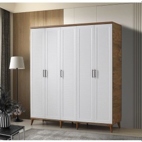 Resim GuneyStore Paris 5 Kapaklı Komple MDF Atlantik Çam-Beyaz Gardırop 