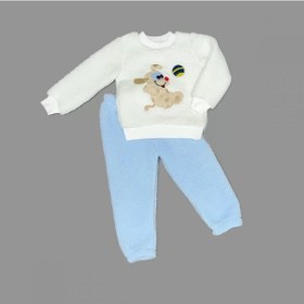 Resim 1-2-3 Yaş Toplu Köpek Nakışlı Kuzu Kumaş Sweat Pantolonlu Uzun Kollu Kız Erkek Bebek Takımı Mavi Çok Renkli 