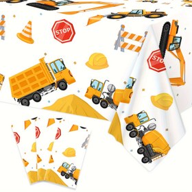Resim Damperli Kamyon Temalı Parti Masa Örtüsü - Tek Kullanımlık Plastik, Sarı İnşaat Araç Tasarımı Doğum Günü & Gençler Duş Süslemeleri İçin 