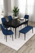 Resim Canisa Concept Ram Serisi 80x132 Açılabilir Mutfak Masası Takımı Siyah Mermer Masa 4 Lacivert Sandalye 1 Bench 