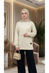 Resim unika boutique Kadın Bisiklet Yaka Tesettür Yırtmaçlı Armalı Tunik Sweat Sweatshirt 
