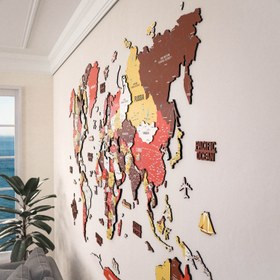 Resim Renkli Baskılı 3D Ahşap Dünya Haritası (Terracotta) - 180x112 cm / İngilizce 